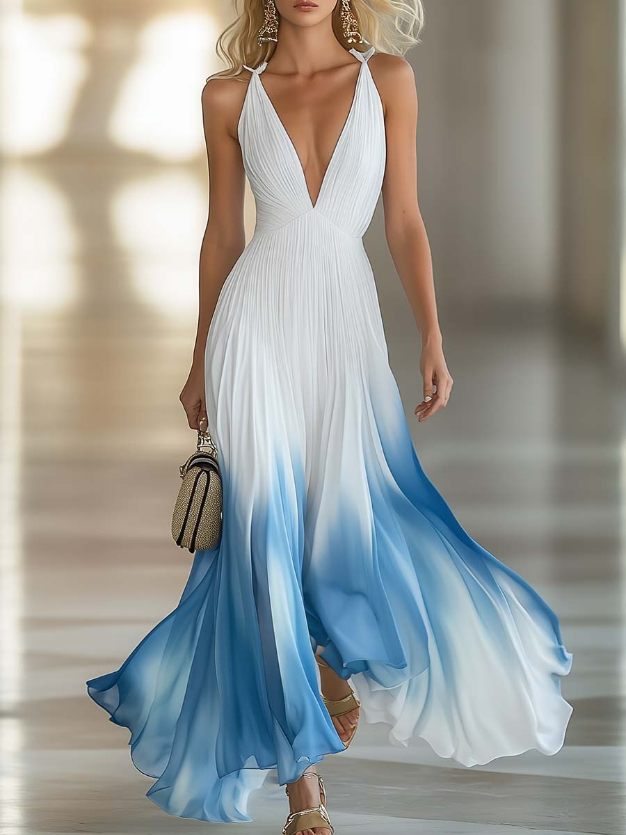 Women's Elegant Pleated Long Dress Chiffon V-Neck Wedding Guest Formal Party Summer Dress – Blue Gradient White