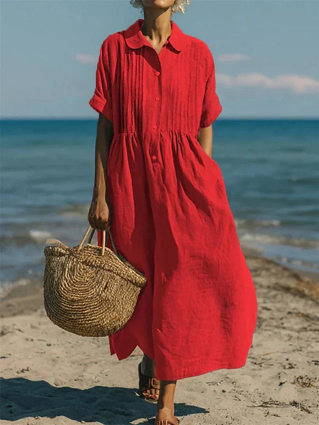 Women's Cotton Shirt Dress Maxi Length Button-Down Summer Beach Casual