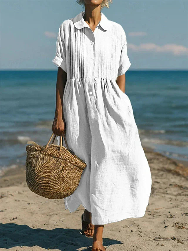 Women's Cotton Shirt Dress Maxi Length Button-Down Summer Beach Casual