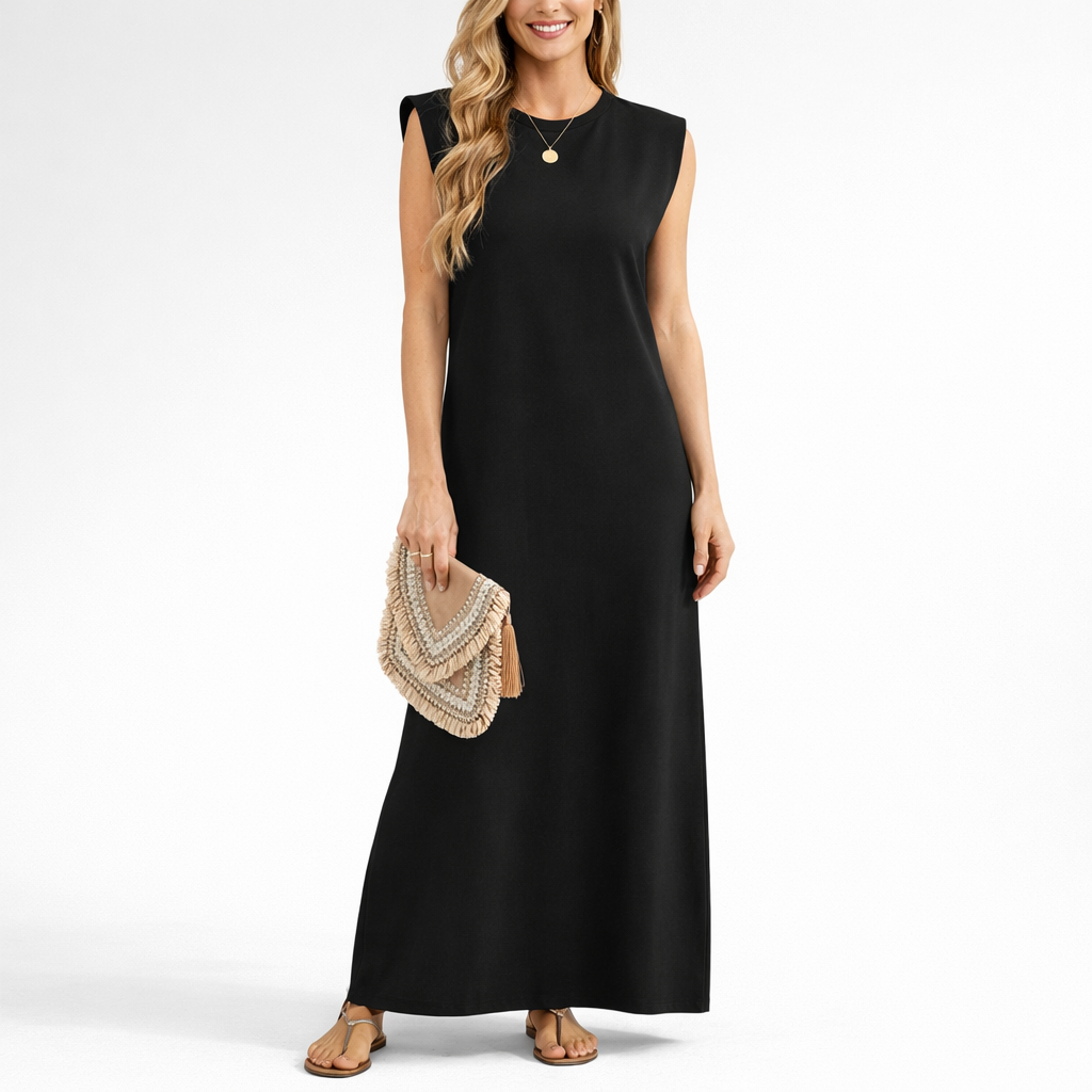 Women’s Sleeveless Crew Neck Summer Maxi Dress with Shoulder Panels