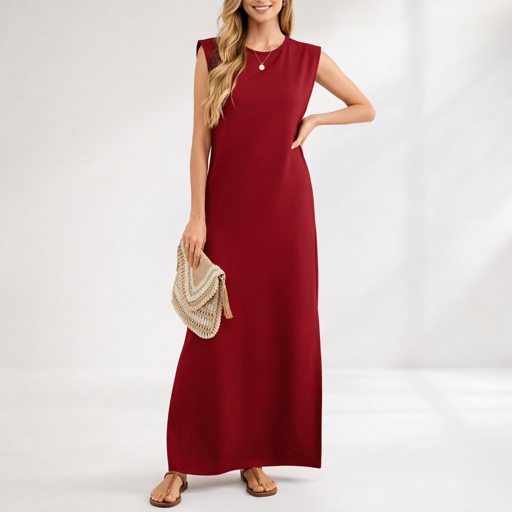 Women’s Sleeveless Crew Neck Summer Maxi Dress with Shoulder Panels