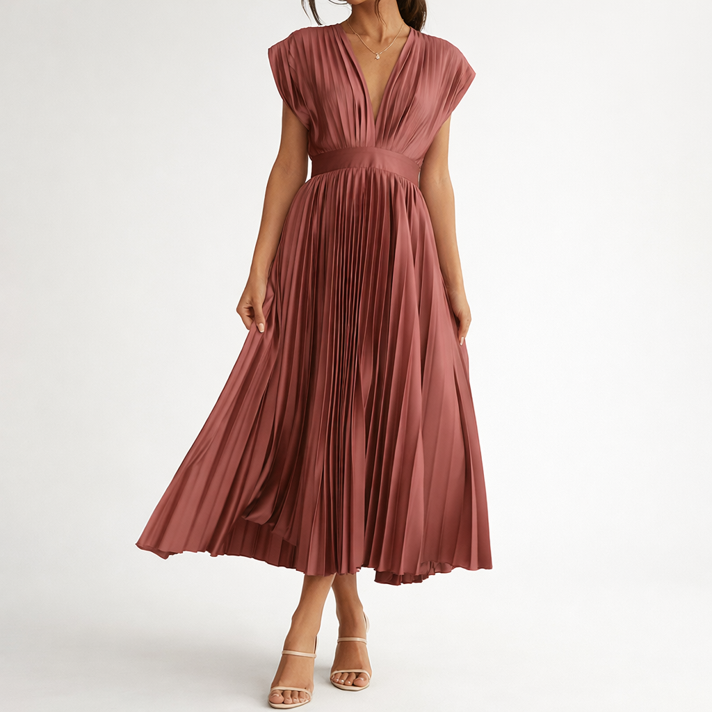 Women’s V-Neck Pleated Sleeveless Maxi Dress