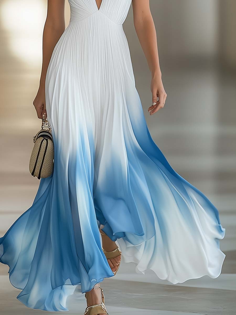 Women's Elegant Pleated Long Dress Chiffon V-Neck Wedding Guest Formal Party Summer Dress – Blue Gradient White