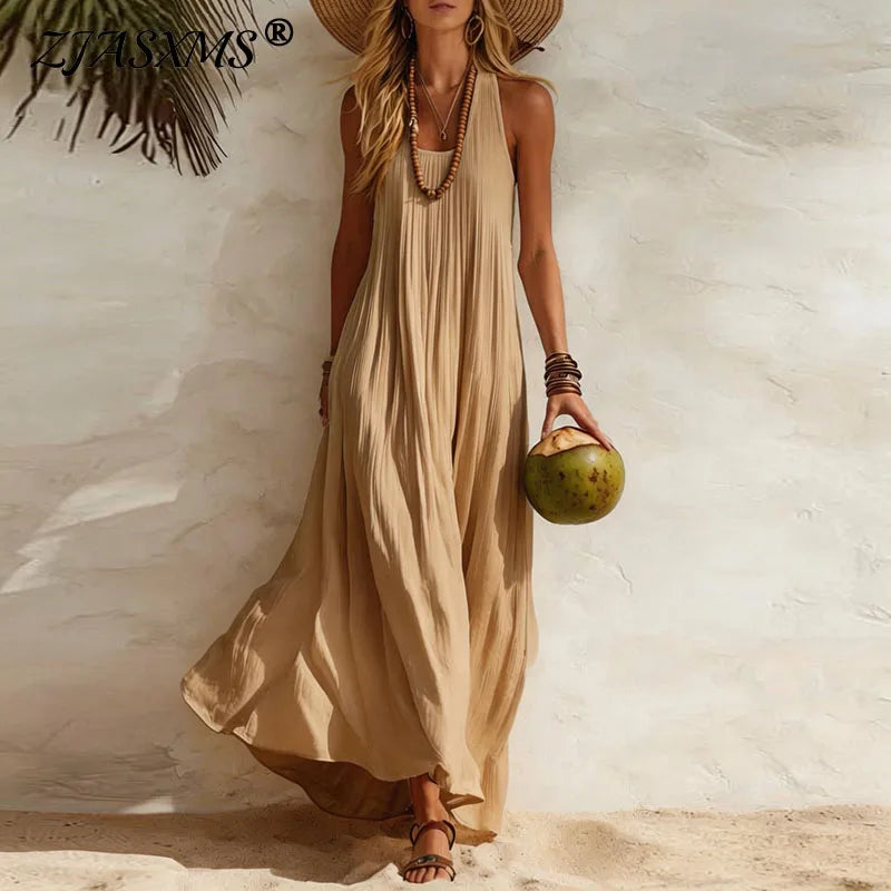 Women's Boho Maxi Dress Sleeveless Flowy U-Neck Beach Vacation Summer Casual