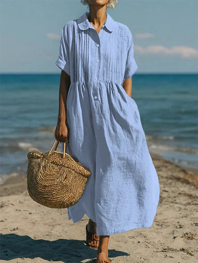 Women's Cotton Shirt Dress Maxi Length Button-Down Summer Beach Casual