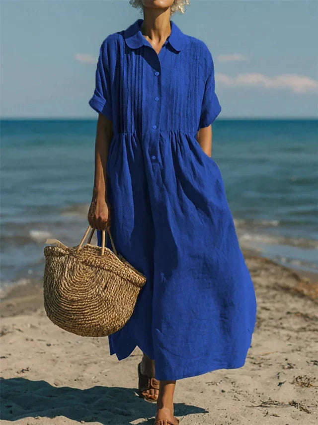 Women's Cotton Shirt Dress Maxi Length Button-Down Summer Beach Casual