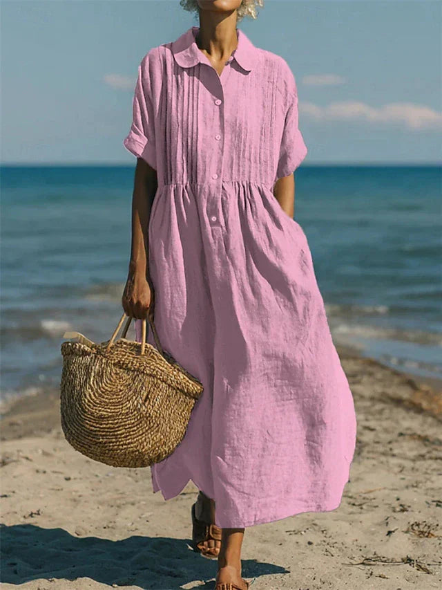 Women's Cotton Shirt Dress Maxi Length Button-Down Summer Beach Casual