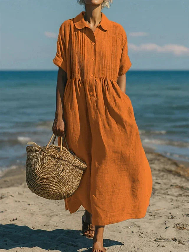 Women's Cotton Shirt Dress Maxi Length Button-Down Summer Beach Casual